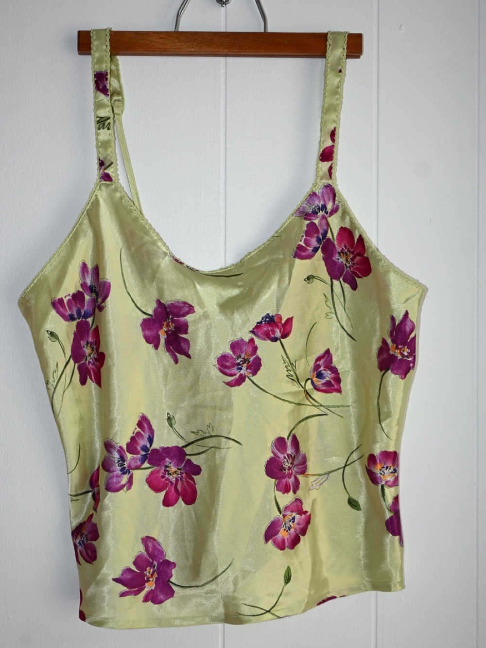 Morgan Taylor Lime Green Satin Floral Camisole with Magenta Flowers 90s